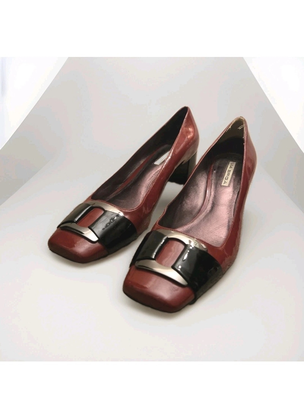 Via Spiga Red Leather Square-Toe Pumps with Black Accent